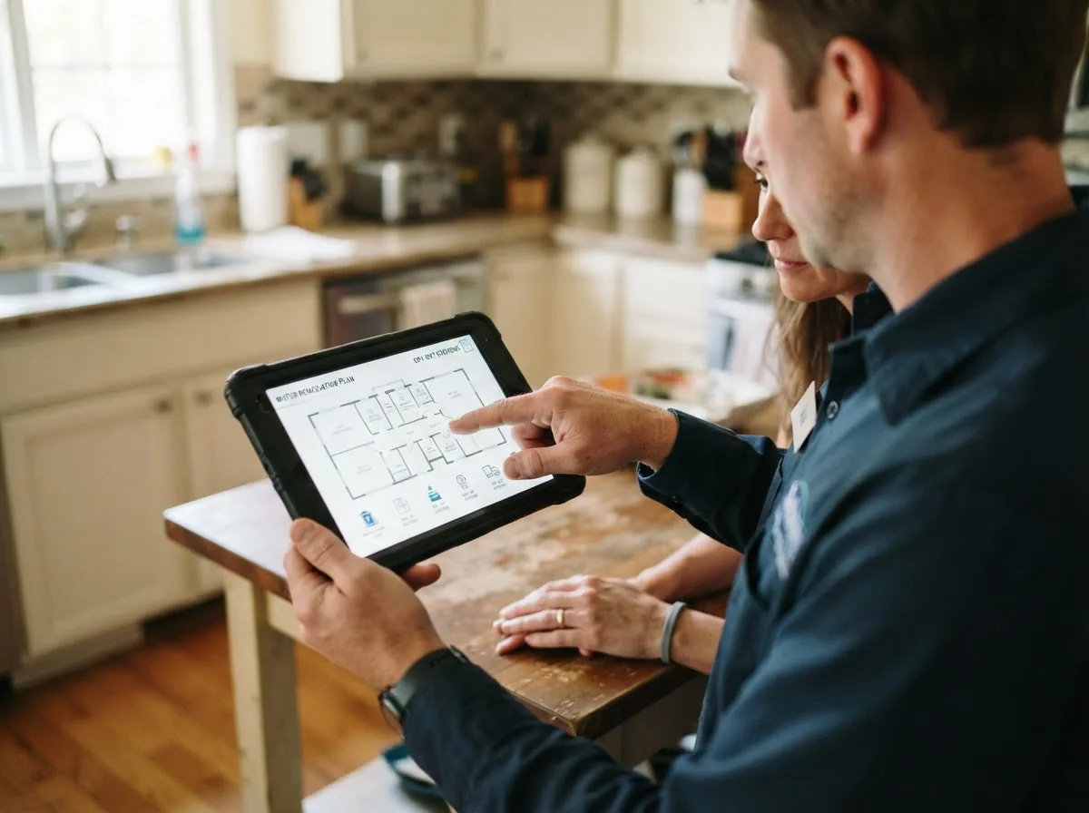Water damage restoration technician inspecting a home in Wall, SD